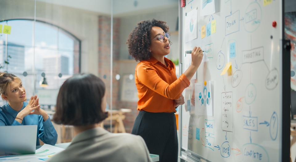 e-Business Technology Conference Presentation: Expressive, Female, Black Tech Engineer Pitching Revolutionary Innovative Product. Whiteboard Shows Graphs, Infographics, AI, Big Data, Mindmapping